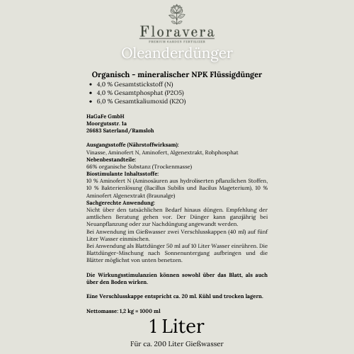 Floravera Premium Oleander Bio-Flüssigdünger 1 Liter Dünger Oleanderdünger